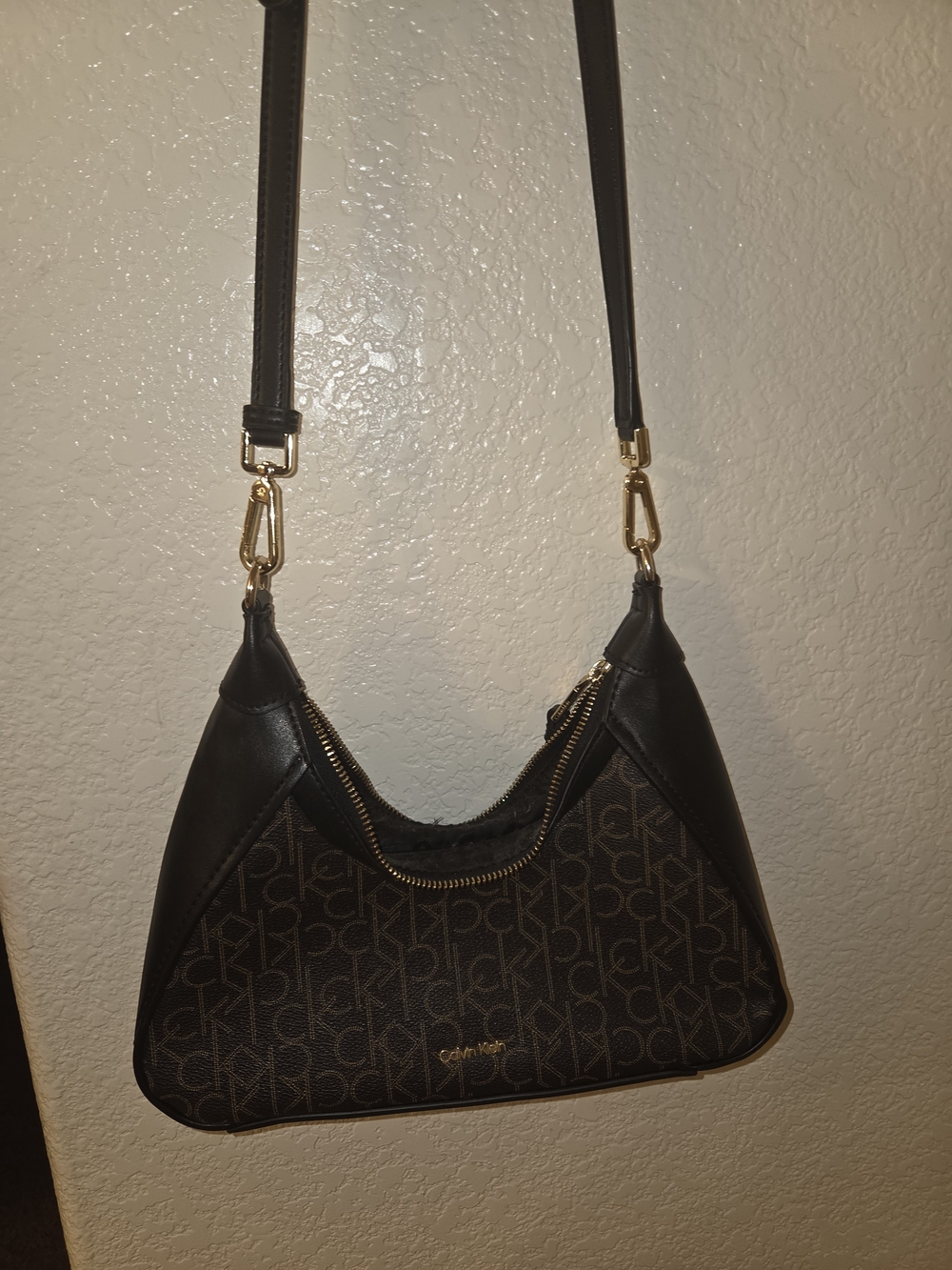 Calvin Klein Dark Brown Monogram Shoulder Bag with Black Trim